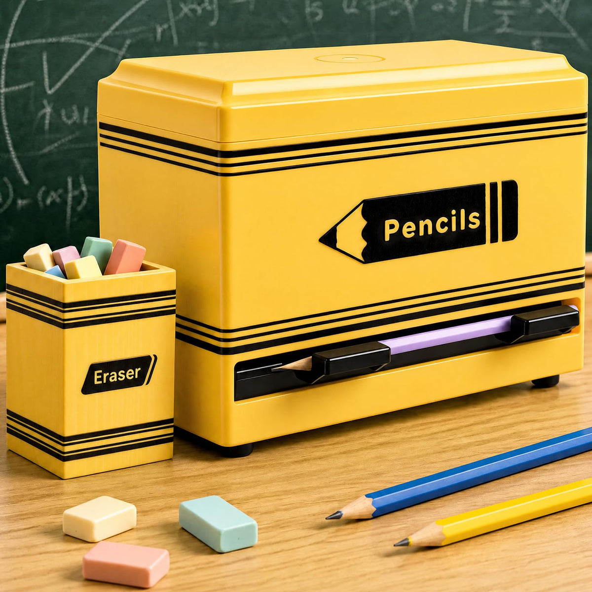 Gueevin 2pcs Pencil Dispenser for Classroom, Fun Desk Organizer with Eraser Holder, Interactive Pencil Storage for Teachers, Students & Homeschool Desk Organizer, Back to School Supplies(Yellow)