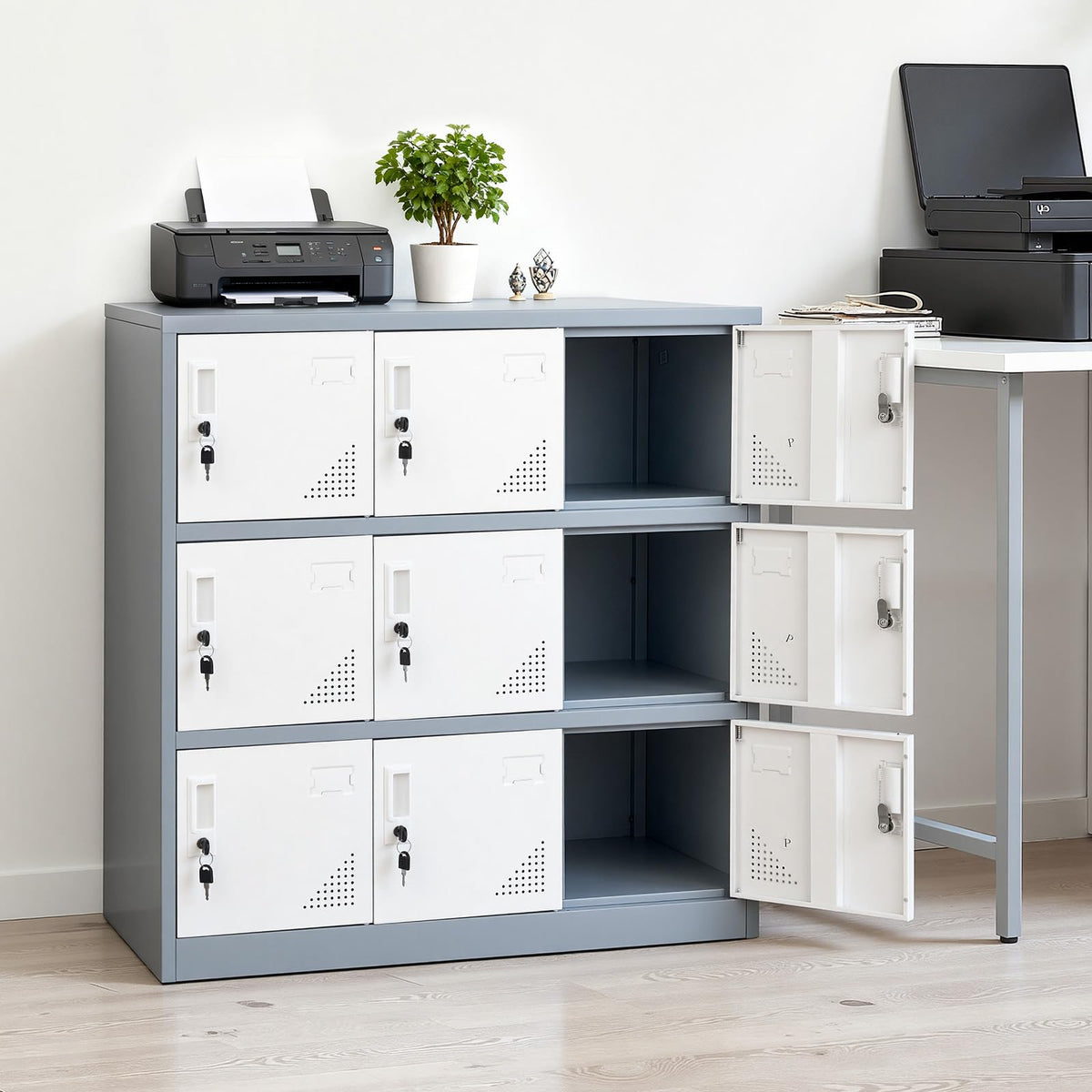VEVOR 9 Doors Metal Locker for Employees, Steel Locking Storage Cabinet with Card Slot and Ventilation, 2 Keys for Each Door, Employee Lockers for Office, School, Gym, Home, Easy Assembly, Gray