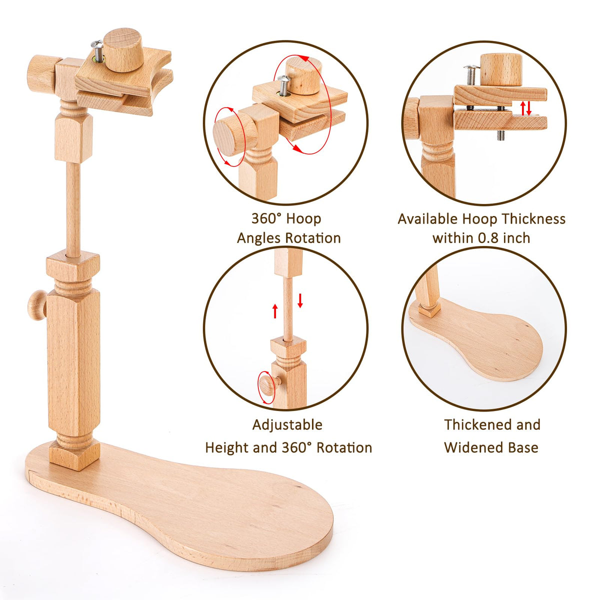 Tosnail Beech Wood Adjustable Rotatable Embroidery Hoop Stand with 3 Hoops, 6 Inch, 7 Inch, 8 Inch, Cross Stitch Frame Holder for Hand Embroidery, Cross Stitch, Needlepoint, Sewing Project