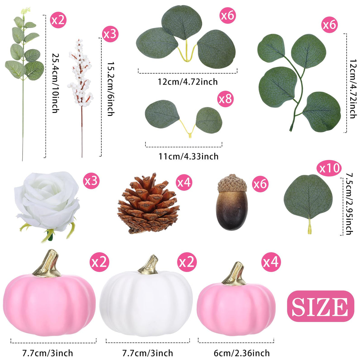 Artificial Pumpkin Eucalyptus Leaves Fall Decor, 56 PCS Fall Harvest Decorations for Halloween Thanksgiving with Pumpkins Acorns Pinecones Berries Leaves for Farmhouse Table Tiered Tray(White,Pink)