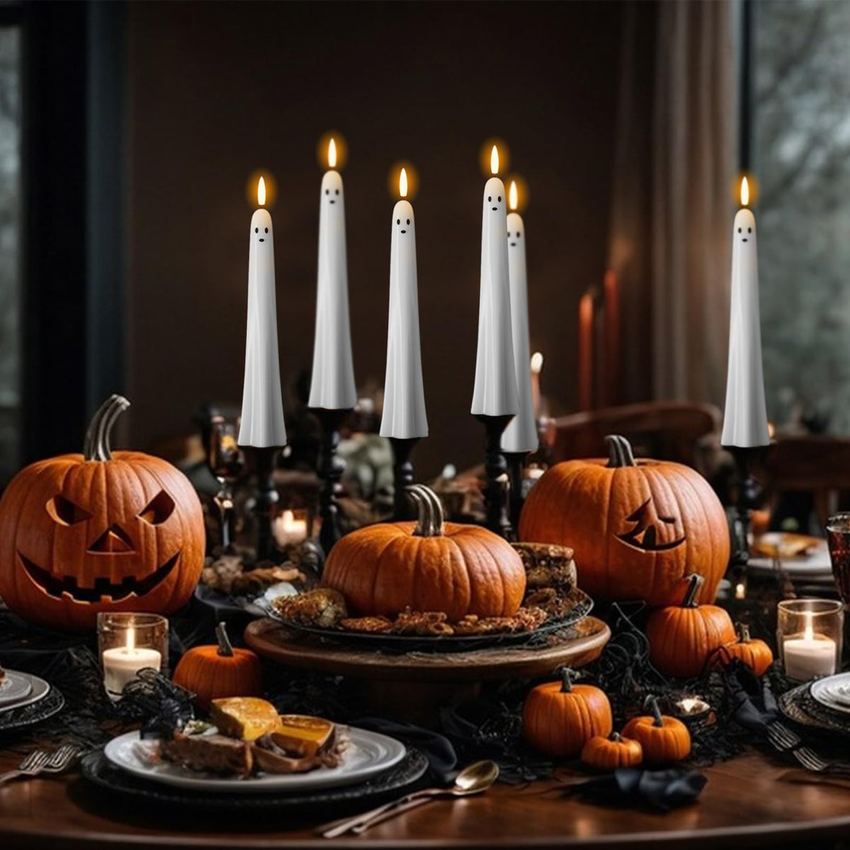 Wondise Halloween Flameless Taper Candles with Remote & Timer, Spooky Ghost Battery Operated Real Wax 3D Wick Flickering Halloween Candles for Halloween Decorations Indoor Gift