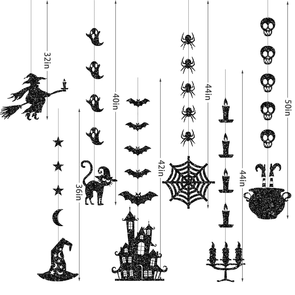 Glitter Black Halloween Hanging Banner Garland Decorations - Ghosts, Witches, Bats, Spiders, Haunted House, Cat and More - Indoor/Outdoor Party Supplies for Gothic Birthday, Home, Office, Classroom