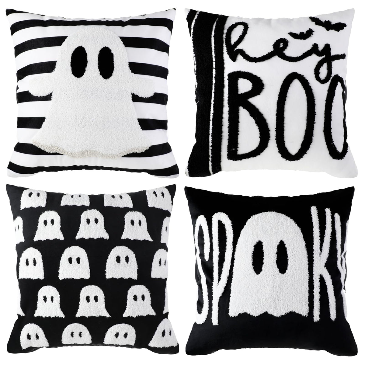 Beeveer 4 Pcs Halloween Throw Pillow Covers Set 18x18 Inch White Crochet Cute Ghost Pillow Case Embroidered Cushion Covers for Halloween Horror Farmhouse Couch Sofa Room Decor