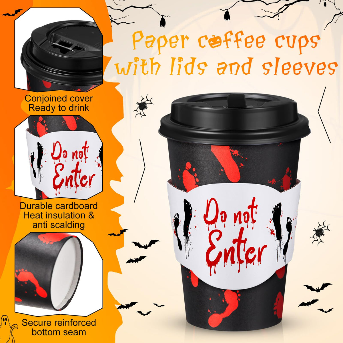 MotiMind 48 Set Halloween Disposable Coffee Cups with Lids & Sleeves 12 oz Halloween Hot Cold Beverage Paper Cups Bulk for Holiday Coffee Drinking Party Supplies Decorations(Black and Red,Blood)