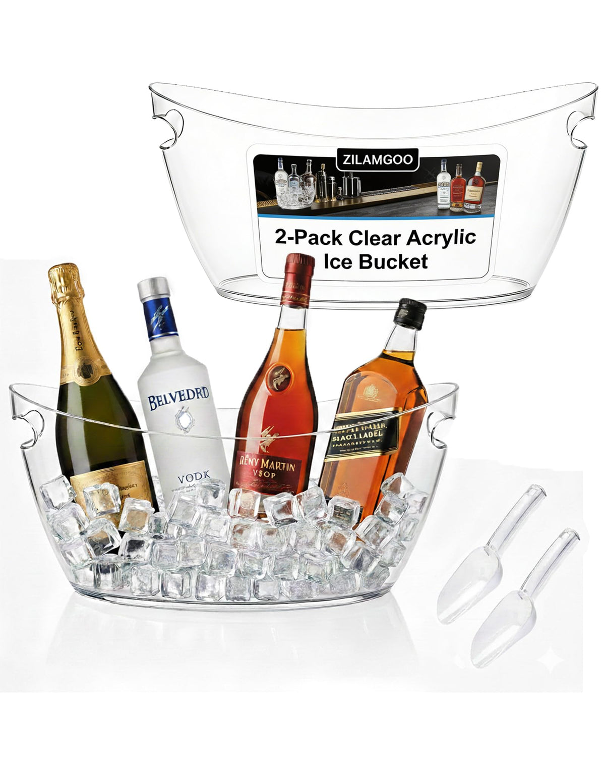2-Pack Clear Acrylic Ice Buckets for Parties (5.5L Each) – Plastic Beverage Tubs with Scoops – Wine Bucket Chiller for Parties, Drink Buckets for Outdoor Events, Mimosa Bar, BBQ(Small Size)