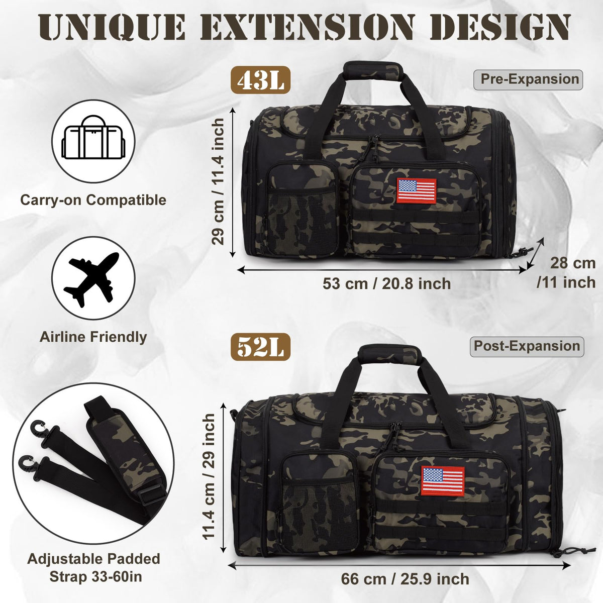 Tactical Duffle Bag For Travel Expandable 52L Large Duffle Bag For Men Gym Duffel With Wet Pocket Multi-Functional Carry On Bags Weekender Overnight Bag Organizer Duffel Bag For Travel