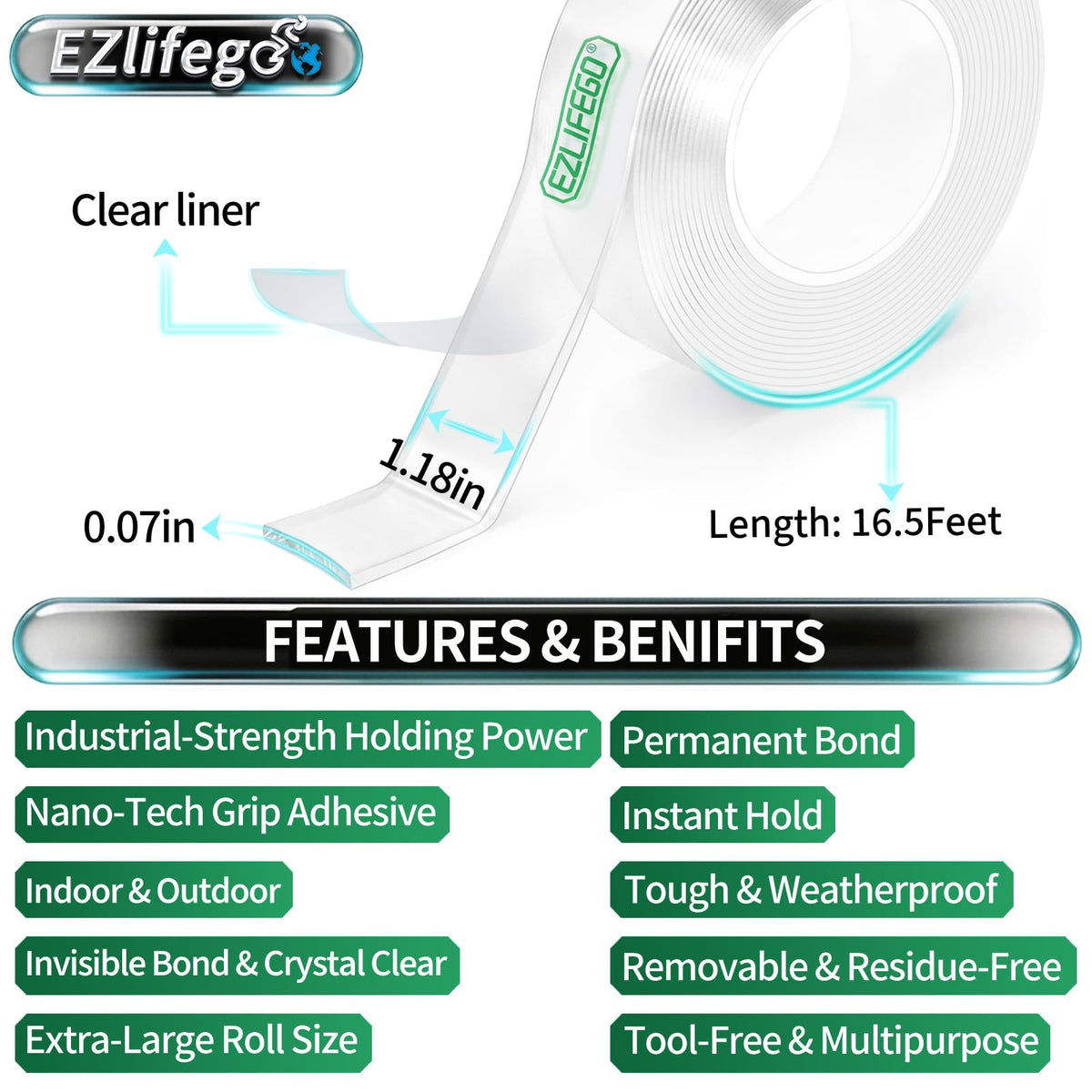 EZlifego Double Sided Tape Heavy Duty(Extra Large 16.5FT), Nano Adhesive Mounting Tape Wall Decor,Sticky Picture Hanging Adhesive Strips Poster Tape