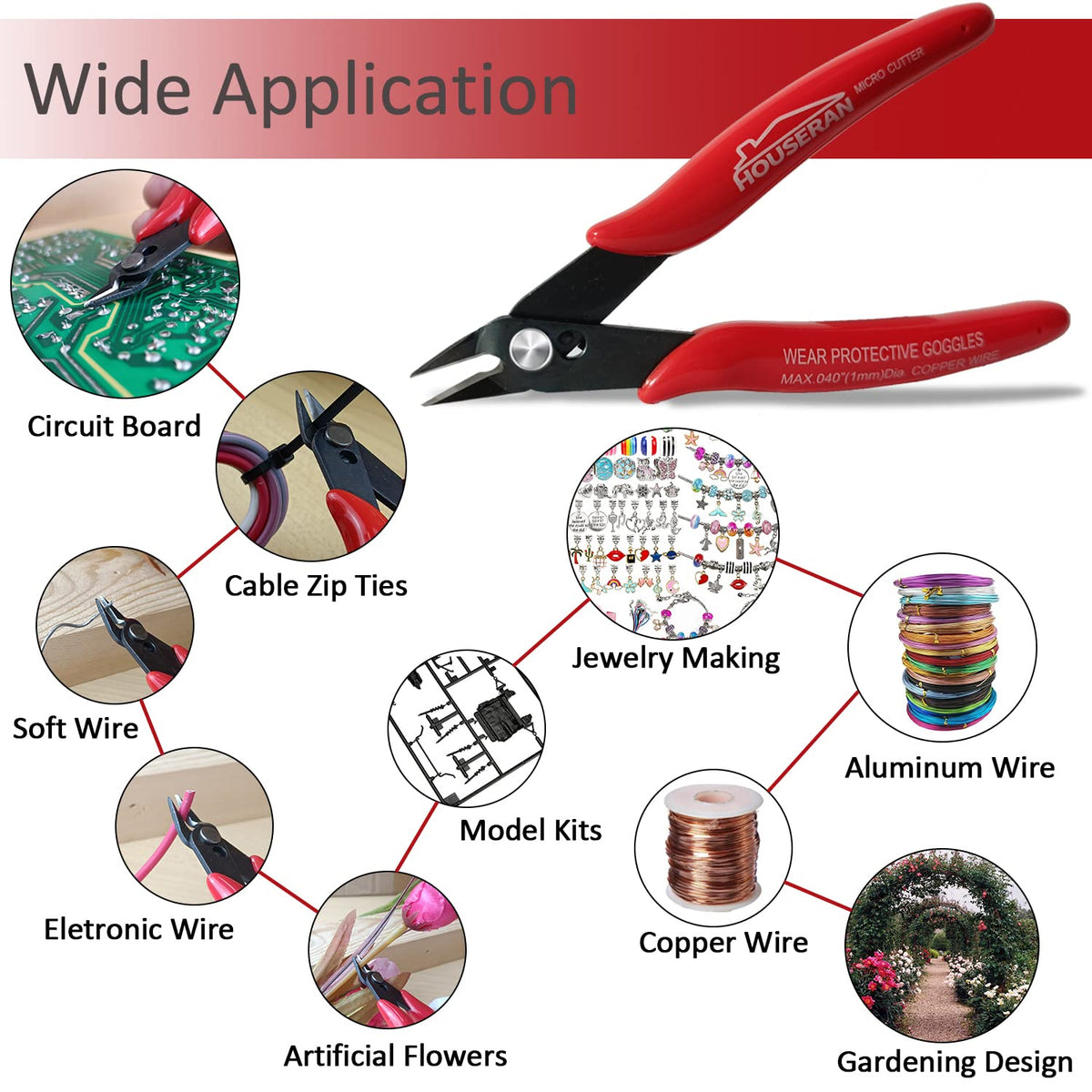HOUSERAN 170 Wire Cutters, 10 PACK, 5 Inch Micro Flush Cutter, Small Wire Cutters Spring Loaded Cutting Pliers, Side Cutters, Diagoanl Cutters for Jewelry Making, Models, Zip Ties Plastic Wire Snips