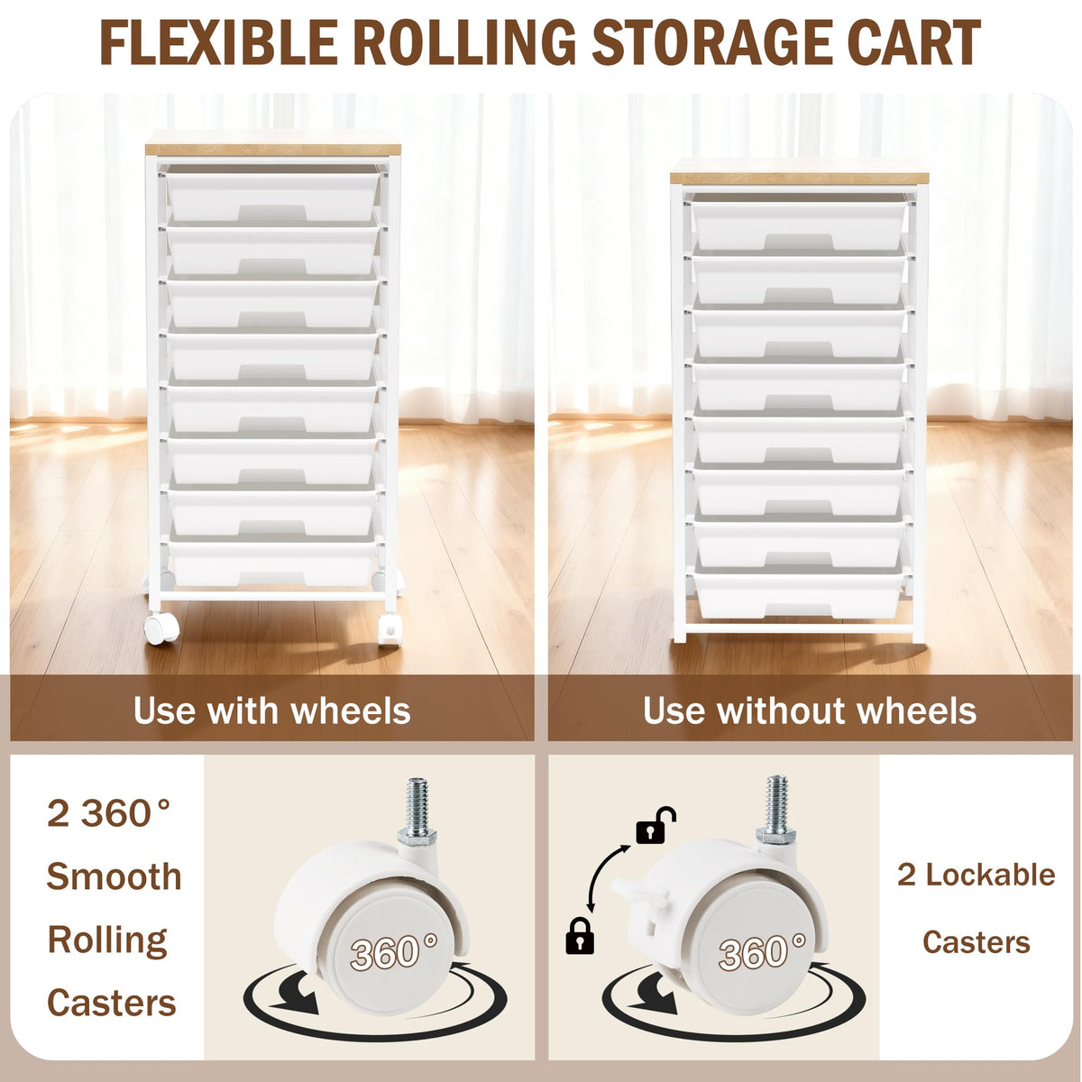 Rolling Cart with 8 Drawers, Storage Drawers Cart with Wooden Tabletop and Lockable Wheels, Craft Storage for Living Room, Office, Classroom, Craft Room, Bedroom