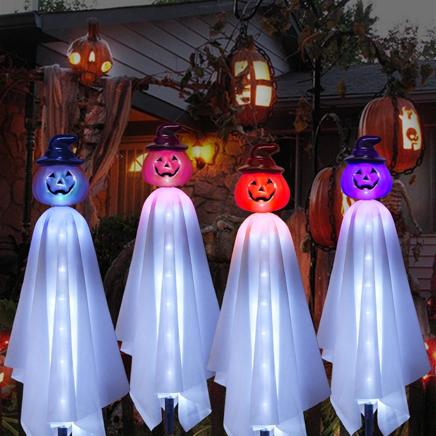 Homeleo Set of 4 Solar Pumpkin Ghost Lights for Halloween Decorations Outdoor, Light up Floating Scary Ghosts Pumpkins Witch Hat Stake Lights for Porch Yard Outside Pathway Halloween Party Decor