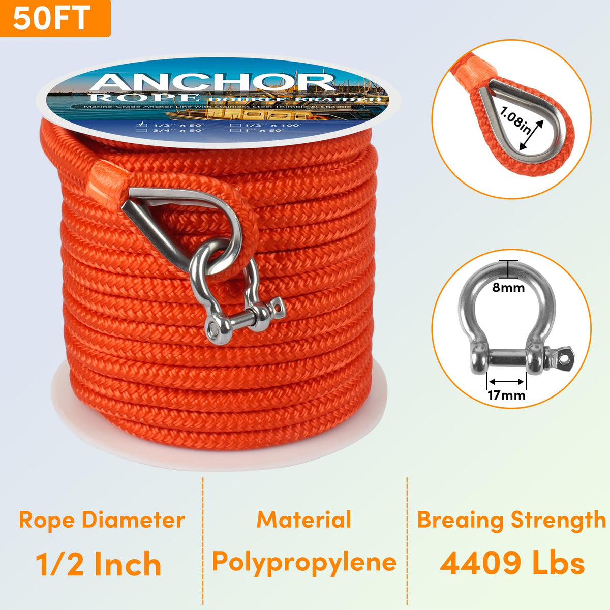 Anchor Rope 50 ft X 1/2 inch, Double Braided Anchor Line, Boat Rope with Stainless Steel Thimble and Shackle for Boating, Anchoring, Mooring, Pulling (Orange)
