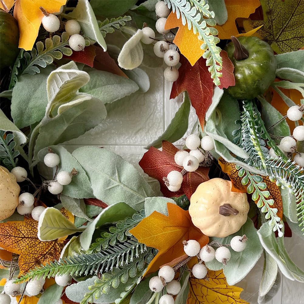 15 Inches Pumpkin Fall Wreath Artificial Wildflower with Berries for Halloween Thanksgiving Christmas Farmhouse Fall Décor