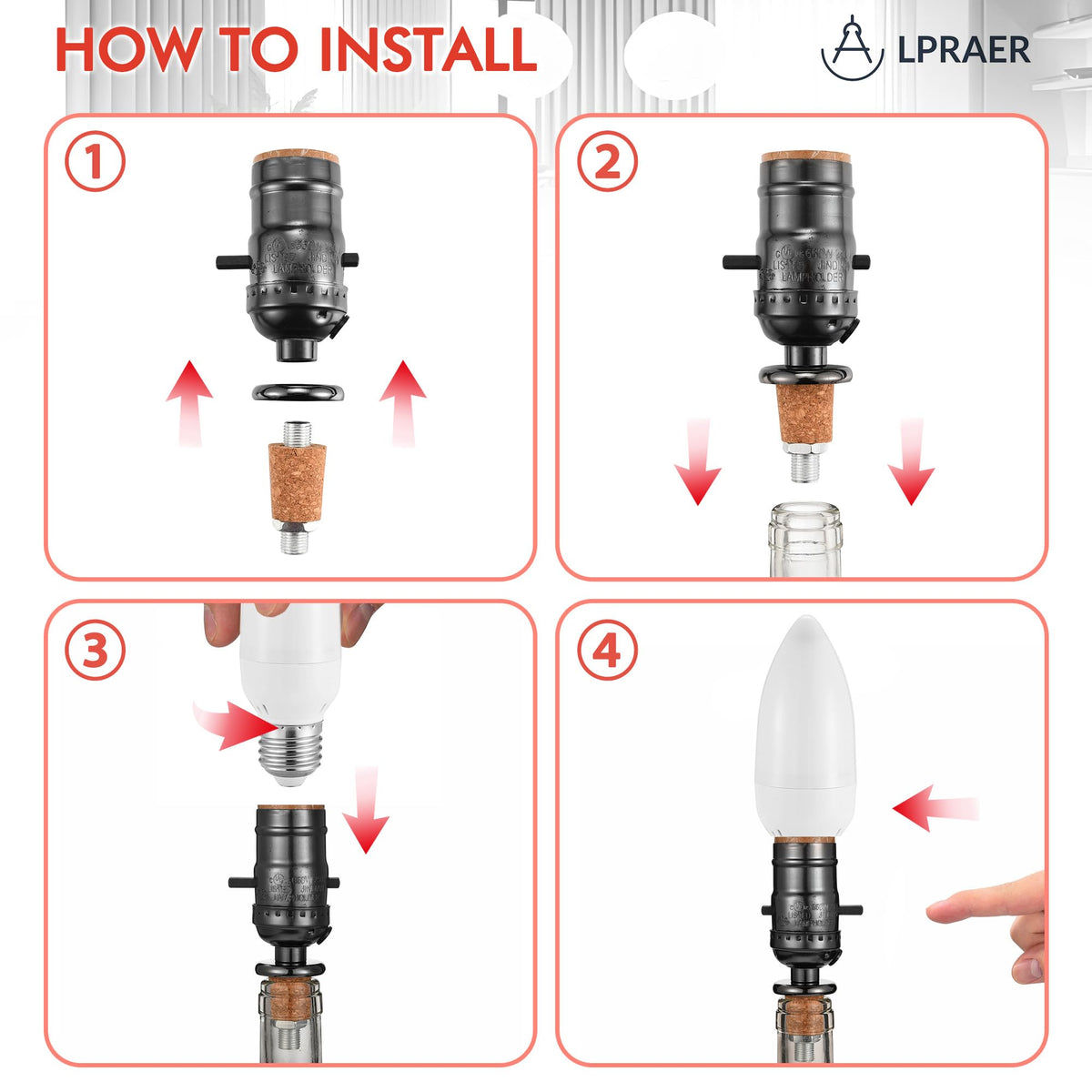 Lpraer 2 Set DIY Wine Bottle Lamp Kit with E26 LED Light Bulbs for Liquor Bottle, w/Glass Drill Bit and Lid, Black Cord w/Lamp Socket, 3 Size Tapper Cork (W/ 2 Flame Effect Light Bulbs)