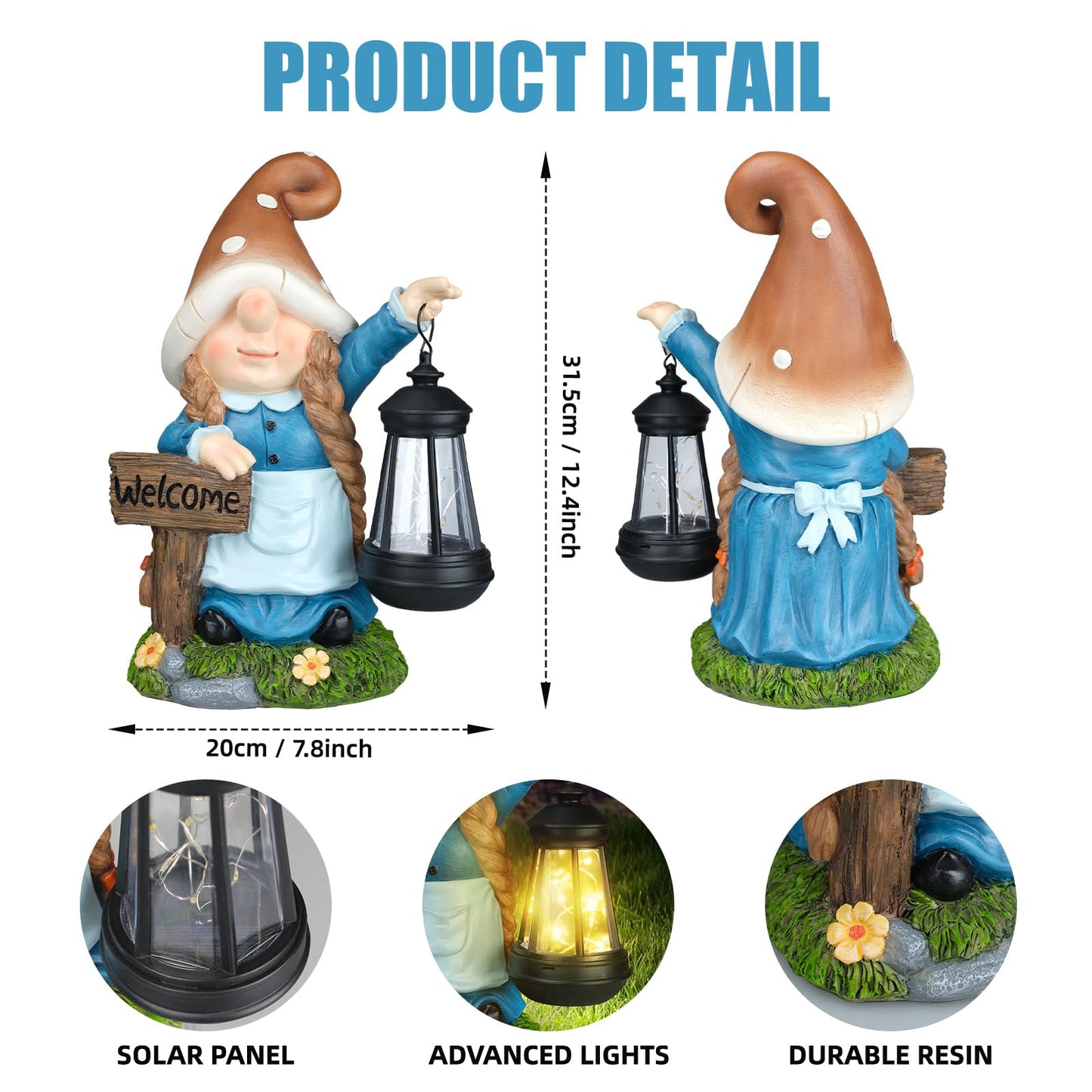 FLJZCZM Solar Large Gnome Garden Statue with Welcome Sign Outdoor Decor with LED Lantern Funy for Porch Yard Patio Lawn Ornament Christmas Housewarming Gardening Gift