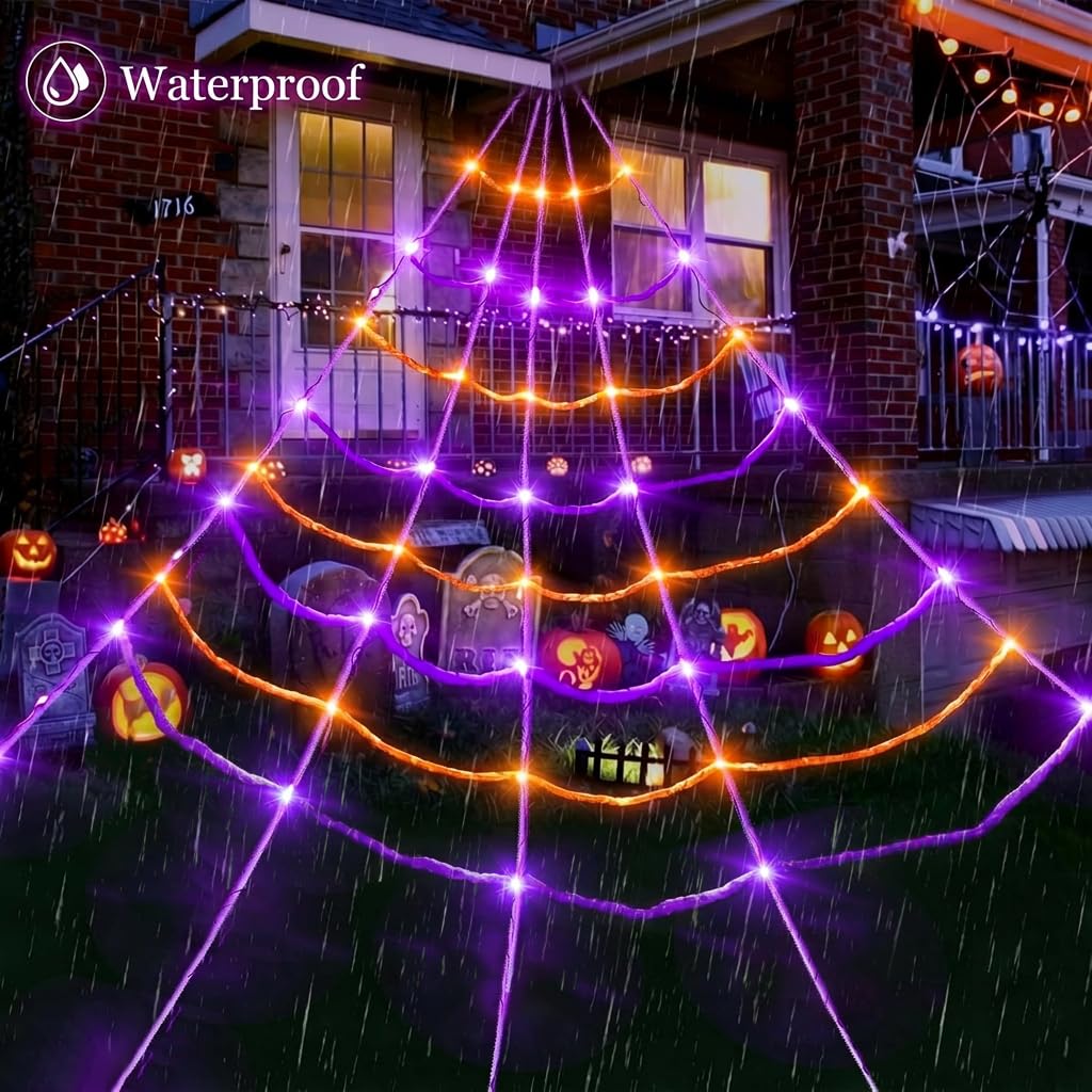 [Motion Activated Lighting&Speaking] 20 * 17FT Halloween Spider Web 150 Led Purple&Orange Lights Light Up Lighted Triangular Giant Waterproof with 200sqft Cobweb for Outdoor Decor Yard Decoration