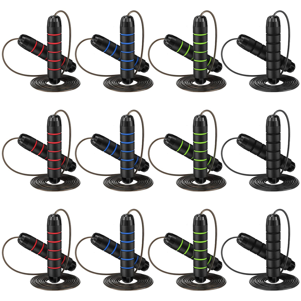 Junkin 12 Pieces Jump Ropes for Fitness with Ball Bearings Speed Jumping Adjustable Skipping Rope with Foam Handles Exercise Stuffer for Men Women Cardio Training Slim Body(Red, Green, Black, Blue)
