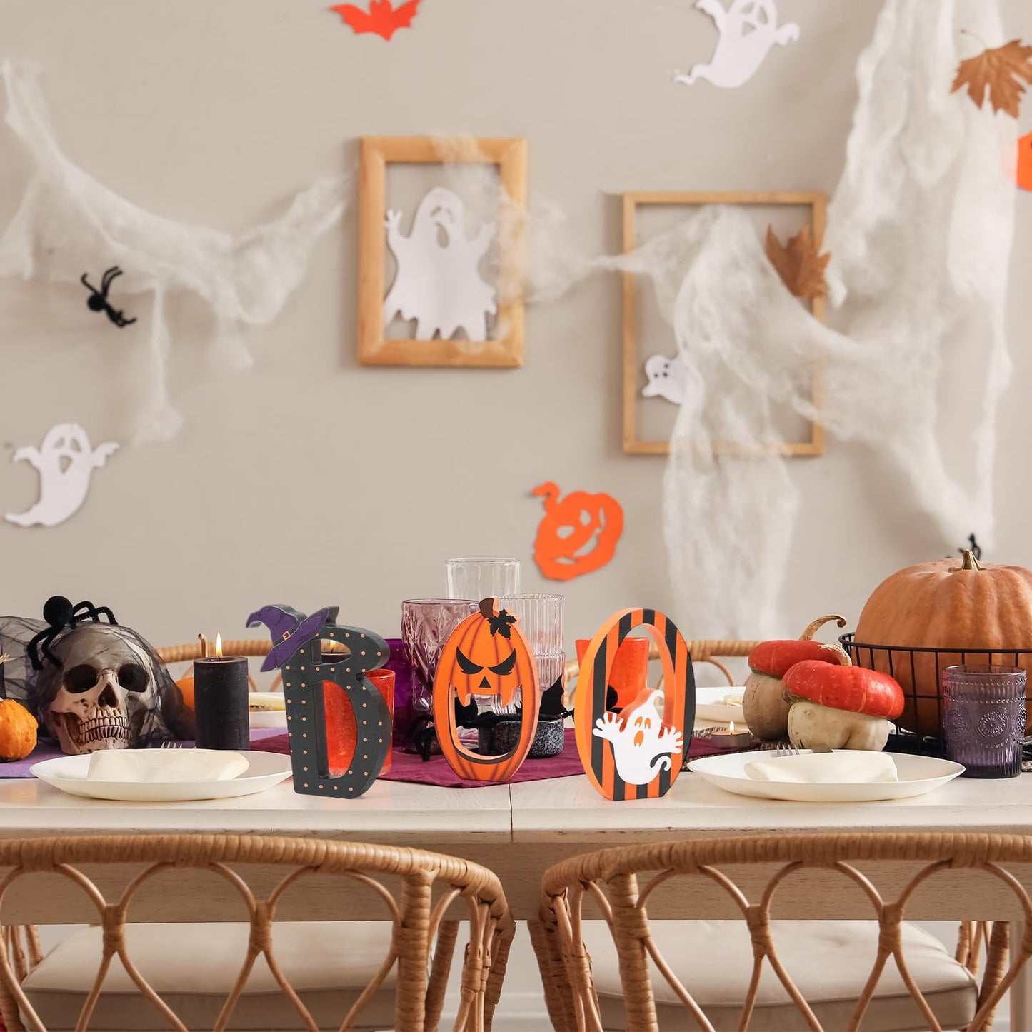 COCHIE BOO Signs Halloween Table Decorations Indoor, Retro Halloween Black Orange Tiered Tray Decor Set of 3, Wooden Happy BOO Day Decoration Sign for Party Home Shelf Display (Ghost)