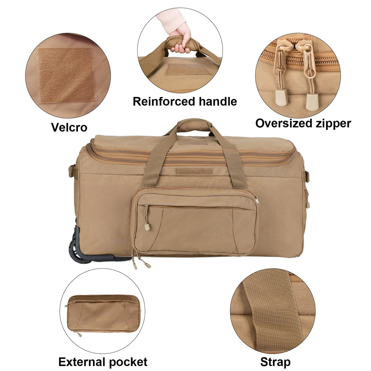 Military Wheeled Deployment Bag Large Tactical Heavy Duty Duffel Bag for Camping Hiking (Tan)