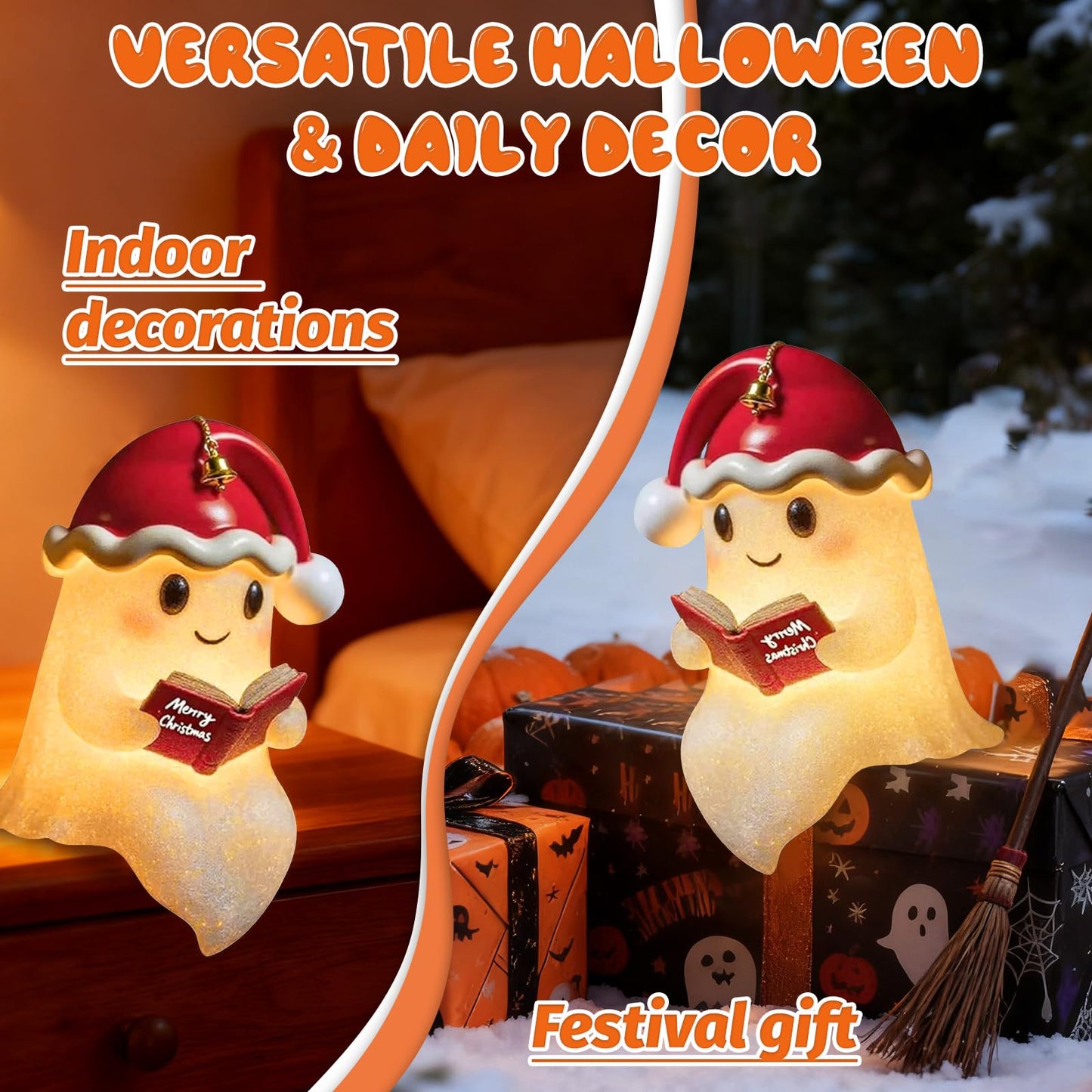 YYPLIAN 3D Resin Halloween Ghost Night Light, Ghost Warm Lighted Indoor Figurine Lamps for Bedroom Study Room Funny Christmas Indoor LED Nightlight (Xmas Ghost Light, 8")