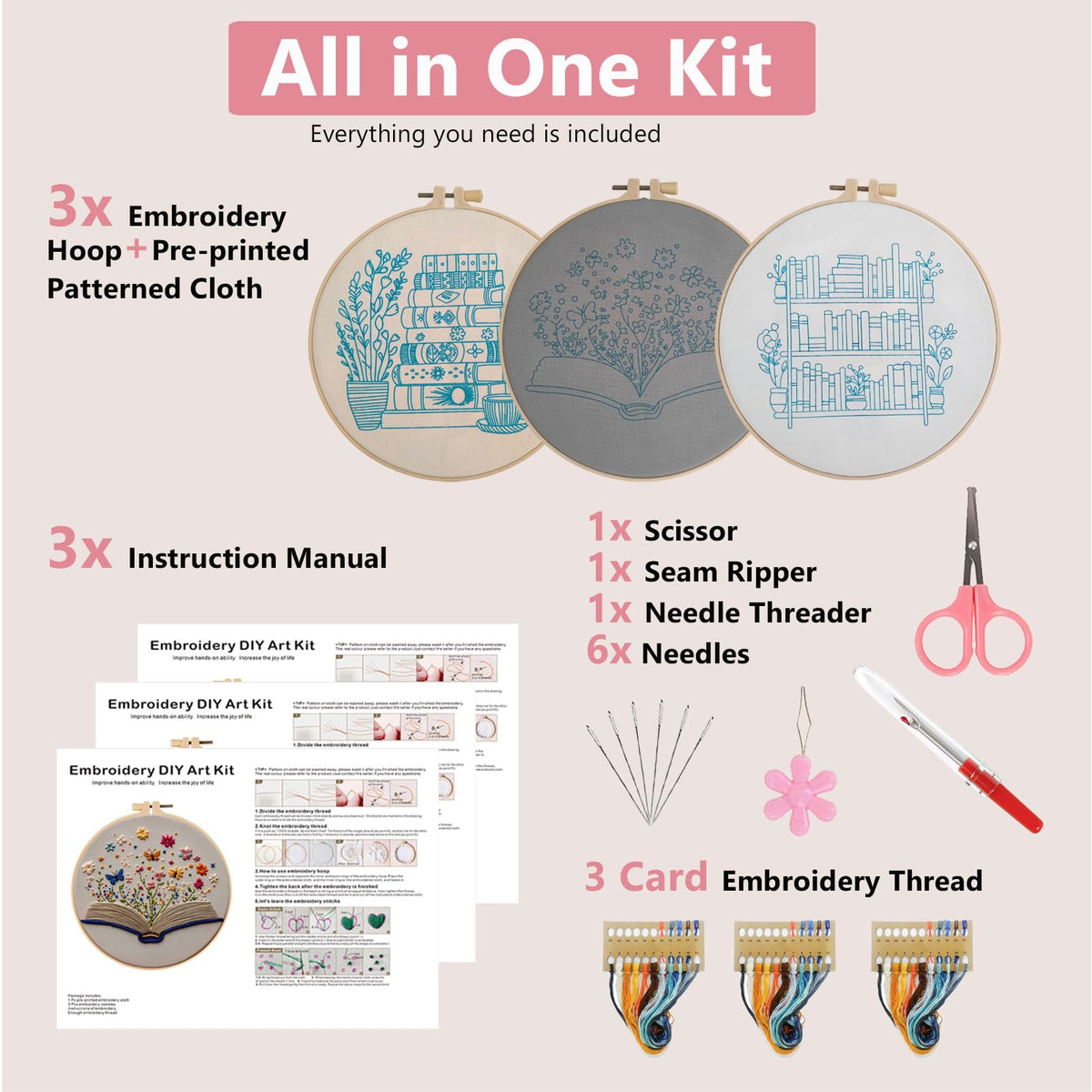 Embroidery Kit for Adults, Pre-Stamped Pattern Embroidery Kit for Beginners, Needlepoint Starter Kit with Hoop Thread Needle Instruction, 7.9'' Hoop (Book Lover 3 Packs)