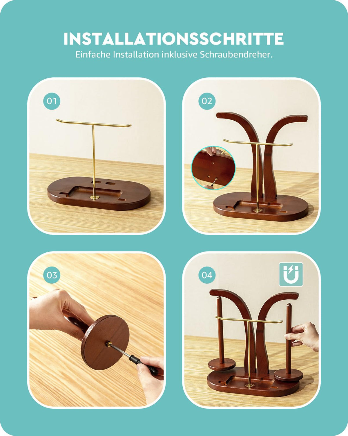 Baffect Yarn Holder Magnetic, Wooden Yarn Ball Holder with T-Shaped Holder & Phone Stand, Yarn Spindle with Double Spindles, Spinning Yarn Holder for Crochet Lovers
