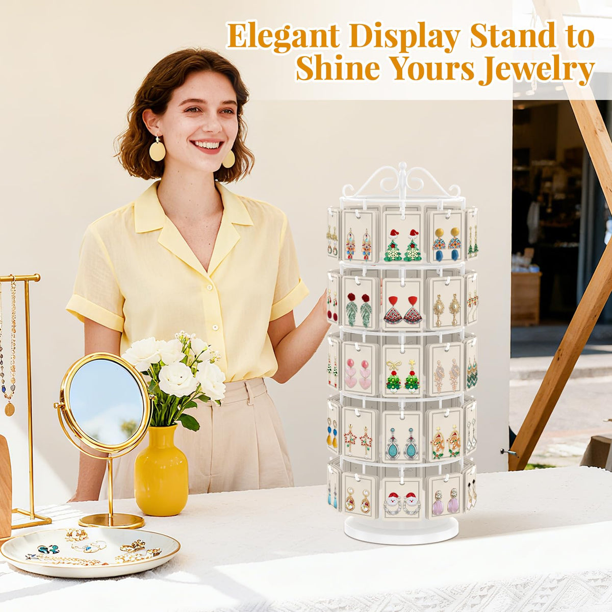 EsLuker.ly Earring Holder Organizer Rotating Display Tree Stand, Adjustable Height Earring Card Hanger Rack with 50 Hooks for Vendors Market Selling, 5 Tier Metal Jewelry Storage Tower, White