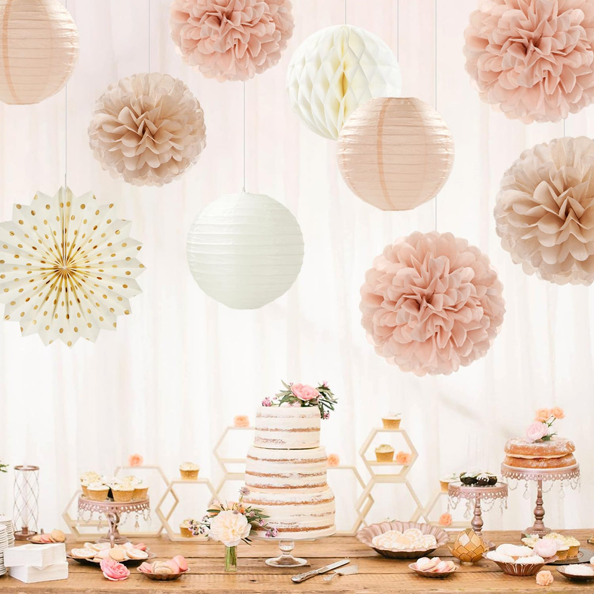 Champagne-Gold Beige-Peach Boho Party-Decorations Streamers - 14pcs Fall Neutral Baby Shower Rustic Bohemian Wedding Paper Honeycomb Lanterns Fan,Birthday Bachelorette Bridal Decor Lasting Surprise