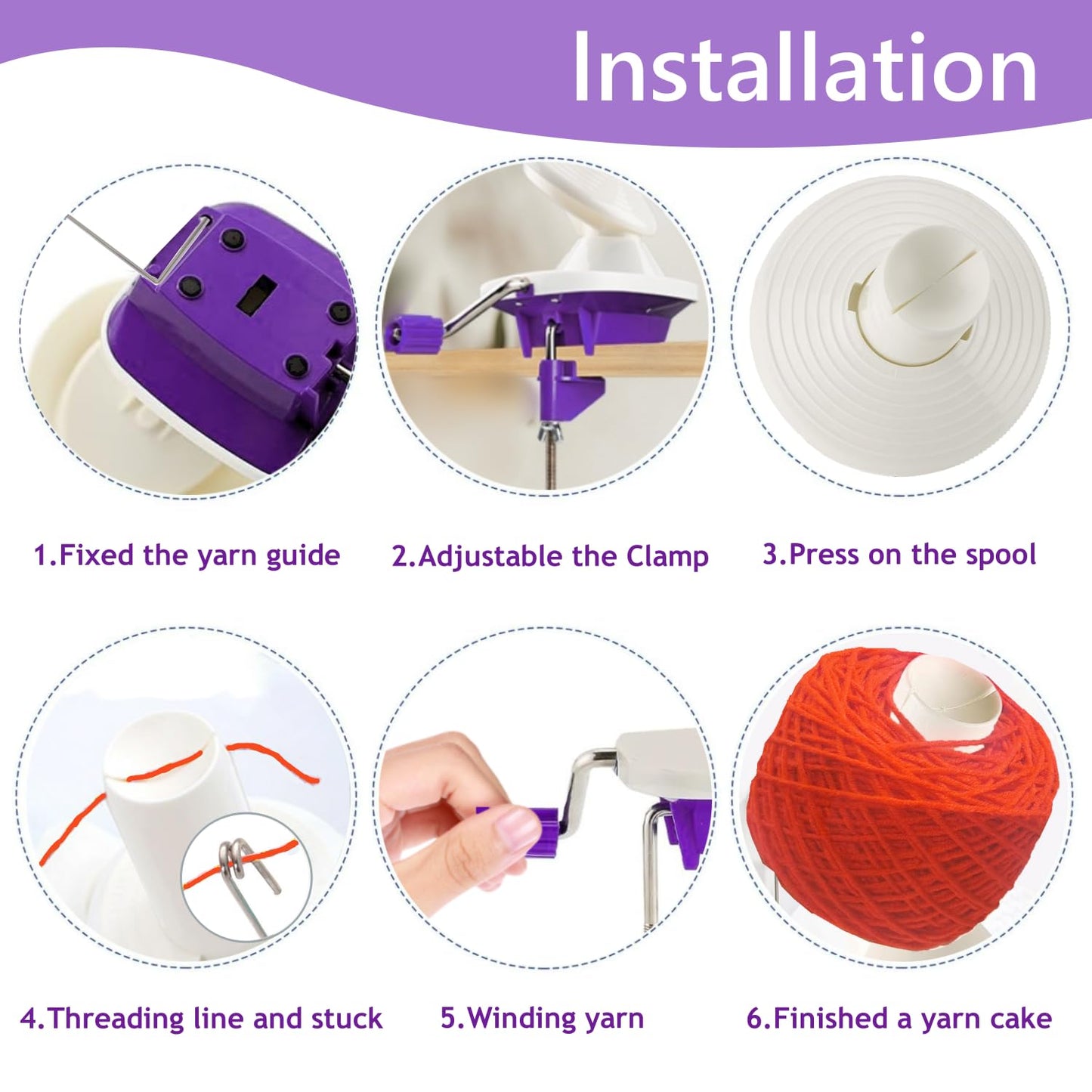 Yarn Ball Winder, Hand Operated Purple Ball Winders for Yarn, Yarn Winder with Easy Installation for Yarn Storage +20 PCS Knit Knitting Needles Point Protectors+100 PCS Stitch Knitting Needles