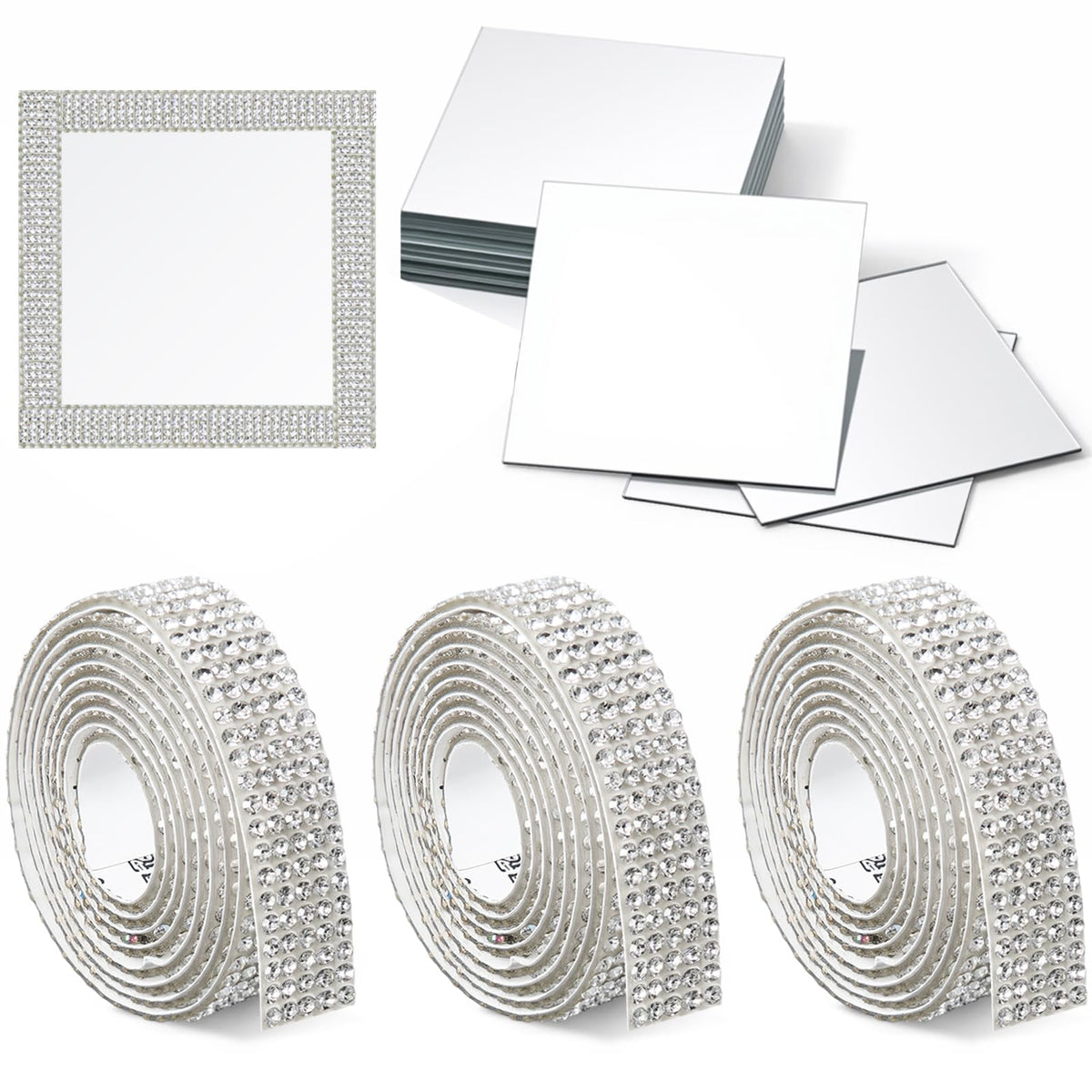 Qunclay 28 Pcs Square Mirror Tiles and Rhinestone Ribbons Set, 4 x 4 Inch Small Decorative Glass Mirror Tiles Bulk 0.43 Inch Wide 1 Yards Silver Self Adhesive for DIY Home Projects Decor