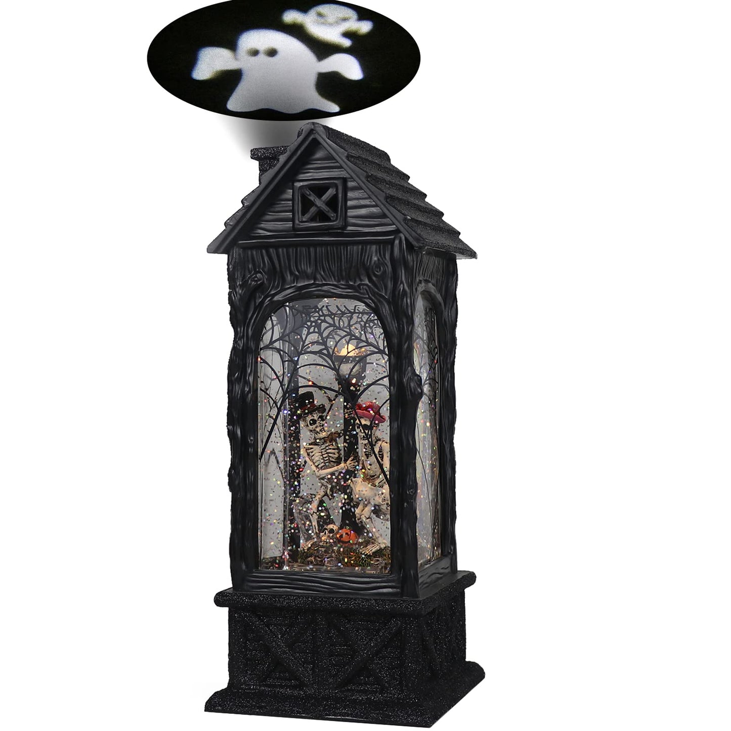 DRomance Halloween Snow Globe Projection Lantern with 6 Hour Timer, 3 AA Batteries Operated & USB Powered Skeleton Lighted Water Lantern Glittering Halloween Decor Gift, 10.7 Inch Tall