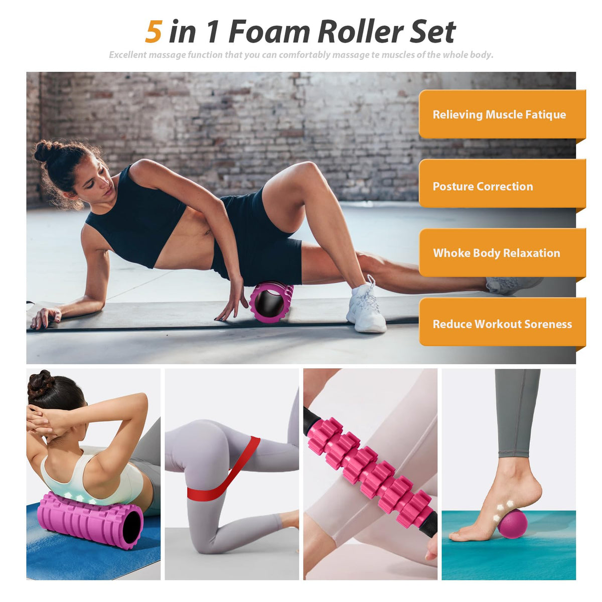 5 in 1 Foam Roller Set for Deep Tissue Muscle Massage, High Density Fitness Exercise Foam Roller, Massage Roller, Massage Ball, Resistance Band, for Whole Body (Pink-Black)