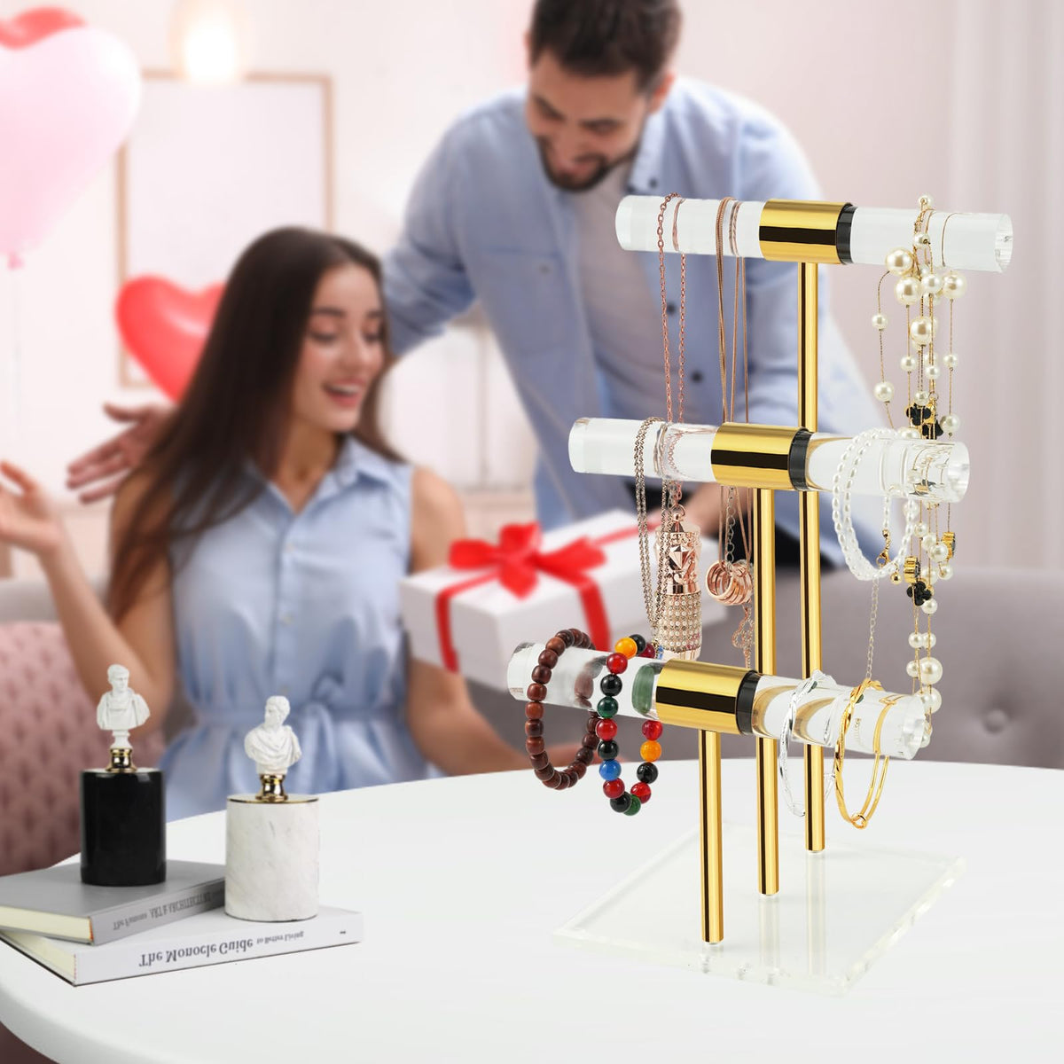 3 Tier Tangle-free Bracelet Display Stands, Acrylic T-Bar Jewelry Display Holder, Clear Gold Necklace Organizer with Stainless Rod, Women Men Vendors Retail Store Counter Jewelry Hanging Stand