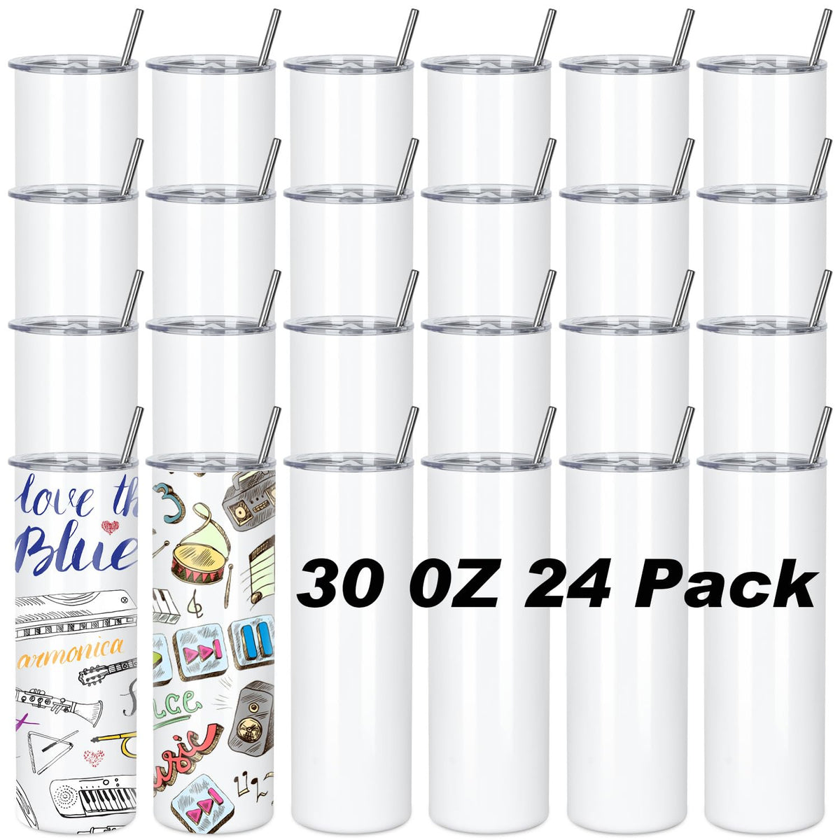 Muwnrol 30 Oz Sublimation Tumblers Bulk, Sublimation Tumbler Stainless Steel Double Wall Vacuum Insulation Cups with Straw, Individually Box (24 Pack)