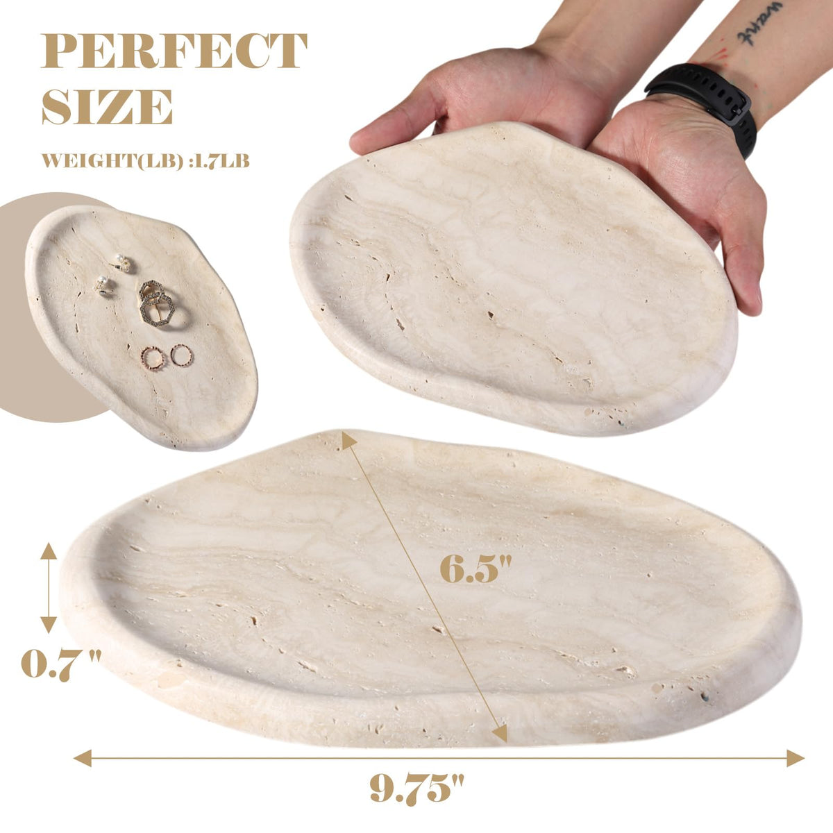 BCS Marble Jewelry Tray Trinket Dish, Decorative Cloud Vanity Key Tray for Women, Perfume Ring Holder Dish for Ring Earring, Cute Jewelry Plate Bowl Aesthetic Room Decor（Beige Travertine）