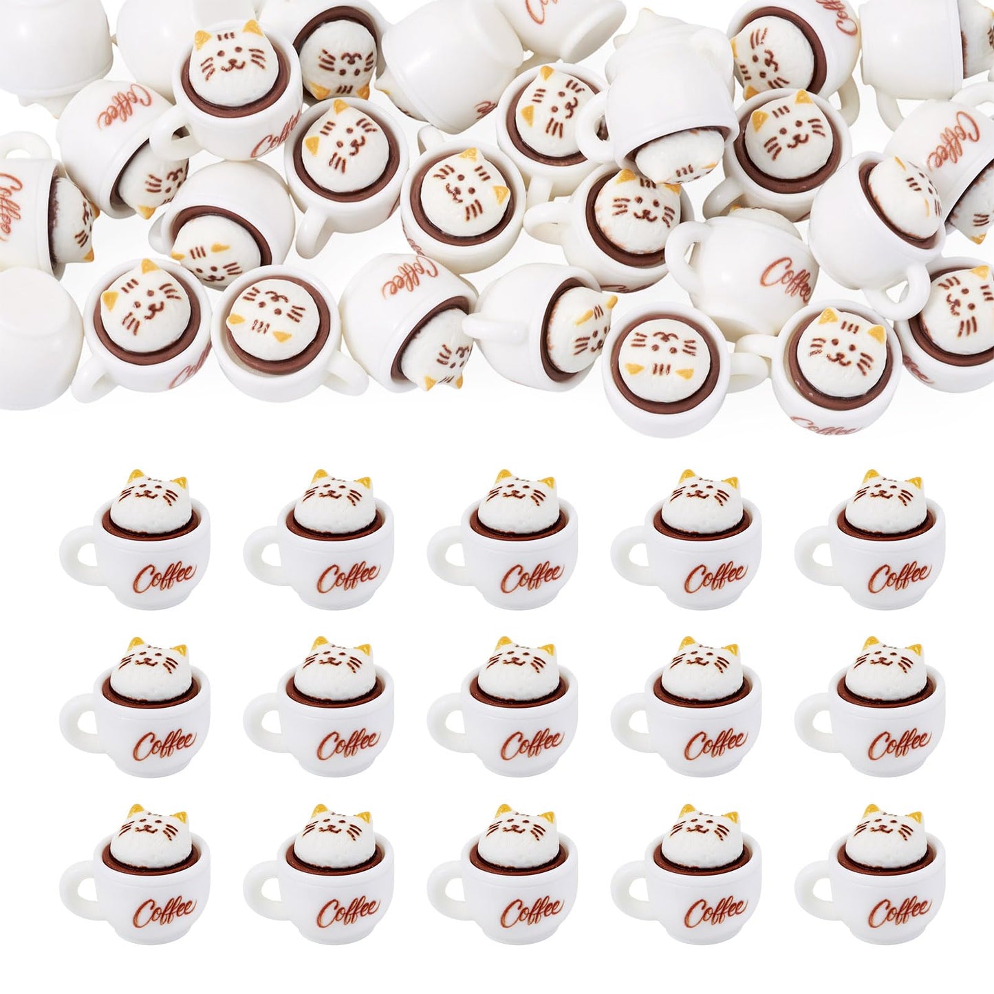 Cheriswelry 35Pcs Mini Resin Coffee Cups Food Drinks Miniature Dollhouse Accessories Cute Cat Coffee Mug Ornament 17.5x23mm for Kitchen Play Tableware Party Decoration