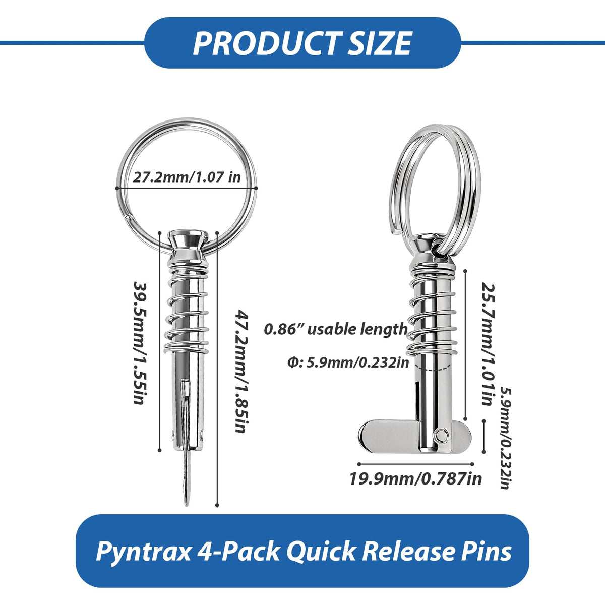 Pyntrax 4-Pack Quick Release Pins (1/4” Diameter) with Drop Cam & Spring - 0.86” Usable Length, Full 316 Stainless Steel Marine Hardware for Bimini Top, Boat & Pontoon