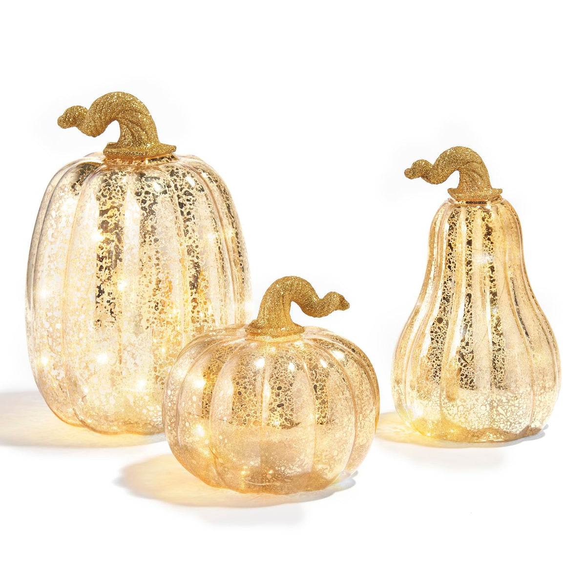 Gold Glass Pumpkin with Lights - Set of 3, Mercury Glass Style, Batteries Included, Thanksgiving Harvest Decorations, Timer, LED Lighted Gold Pumpkins for Decorating Fall