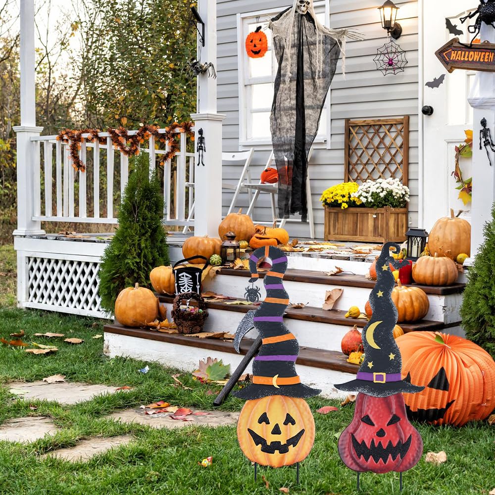 YEAHOME Halloween Decorations Outdoor, 2 Pack Metal Pumpkin Garden Stakes with Witch Hats for Halloween Decor, Jack o' Lantern Pumpkin Yard Signs for Outside Garden Lawn Patio Party Decorations