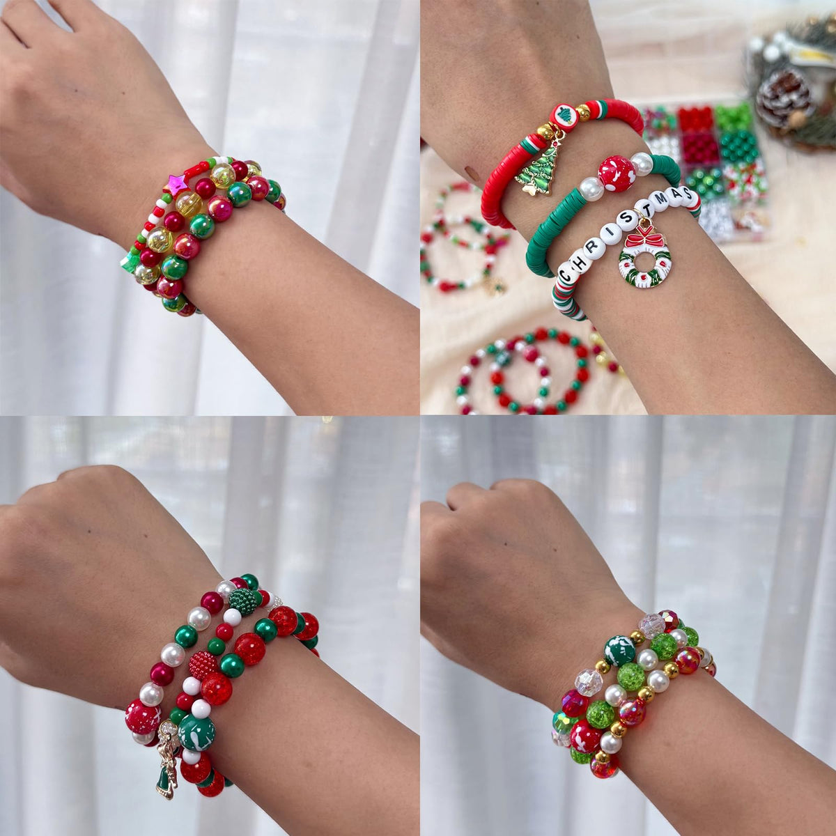 LLchunyun 1449PCS Christmas Beads for Bracelets Making Kit, Christmas Charms Red Green Beads for Jewelry Making Assorted Acrylic Crystal Round Pearl Star Spacer Clay Bead for Necklace Keychain Making