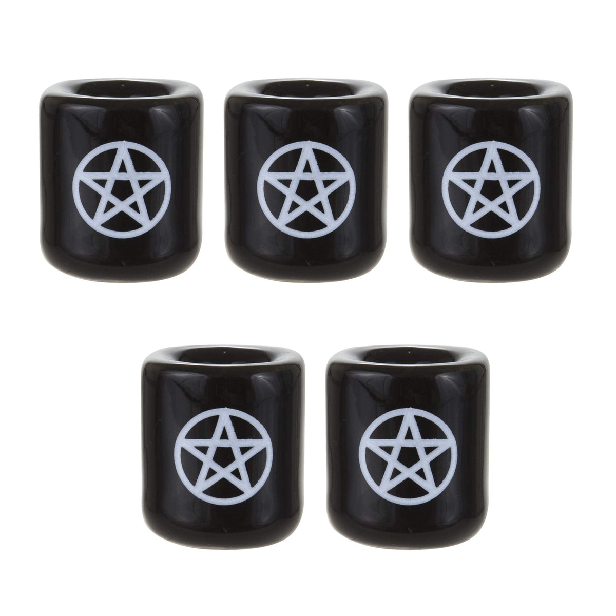 Mega Candles 5 pcs Ceramic White Pentacle Chime Ritual Spell Candle Holder - Black