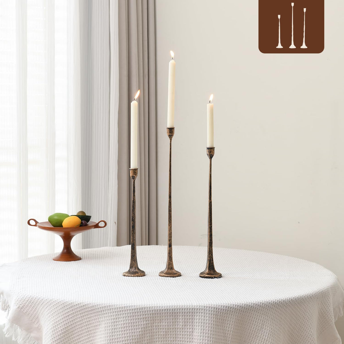 Set of 3 Candle Stick Holders, Iron Antique Gold Candlestick Holders, Fits 3/4 inch Thick Candles, Tapered Candle Holders Tall Set for Dining Table, Wedding, Home Decoration