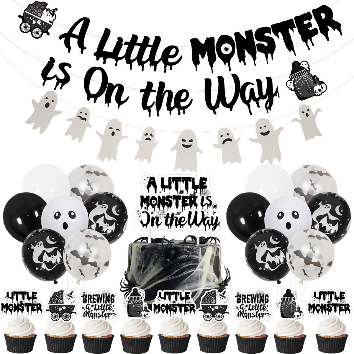 Halloween Gothic Baby Shower Decorations, A Little Monster is on the Way Banner Garland Ghost Bat Little Monster Cake and Cupcake Toppers Balloons Kit for Halloween a Baby Is Brewing Party Supplies