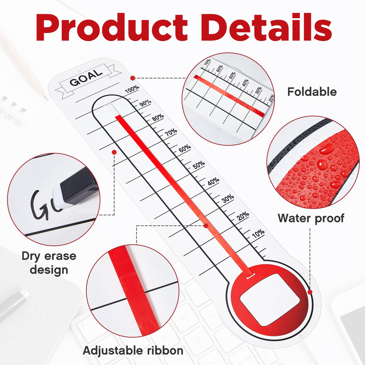 5 Pcs Goal Chart Fundraising Thermometer Goal Setter Board Goal Tracker Giant Goal Chart Goal Tracker Dry Erase Goal Setting Wall Mounted Thermometer with Pull Through Ribbon, 46 x 12 inches