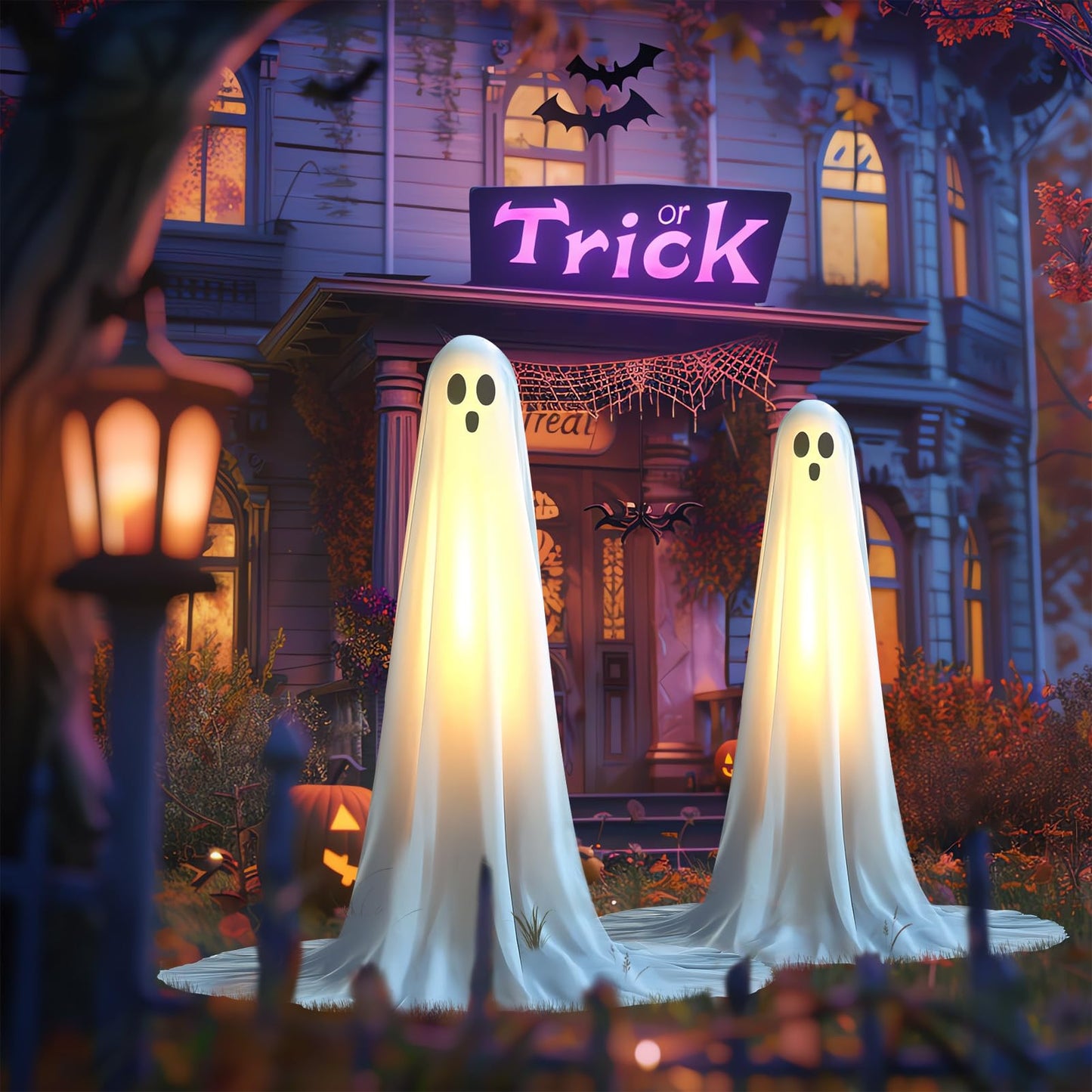 Evoio Halloween Decorations Outdoor 2 Packs 57'' Standing Ghost Adjustable Height, Light Up Spooky Halloween Decor with Built-in LED, Indoor Outside Yard Porch Lawn Party Supplies Decors