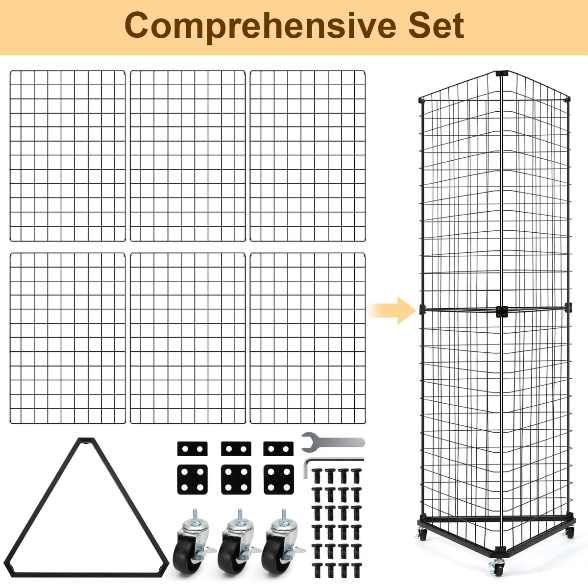 GADFISH Triangular Gridwall Panel Display Stand, Black Triangle Wire Grid Tower with Base and Casters, 24" x 68" Rolling Grid Wall, Panel Stand for Home Organization, Retail, Trade Show, Vendor