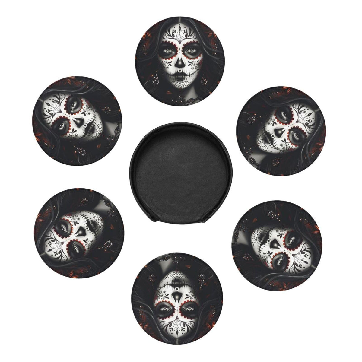 Sugar Skull Coasters with Holder Leather Coasters for Drinks Set of 6 Funny Halloween Drink Coasters Sets for Living Room Kitchen Coffee Bar Holiday Decor