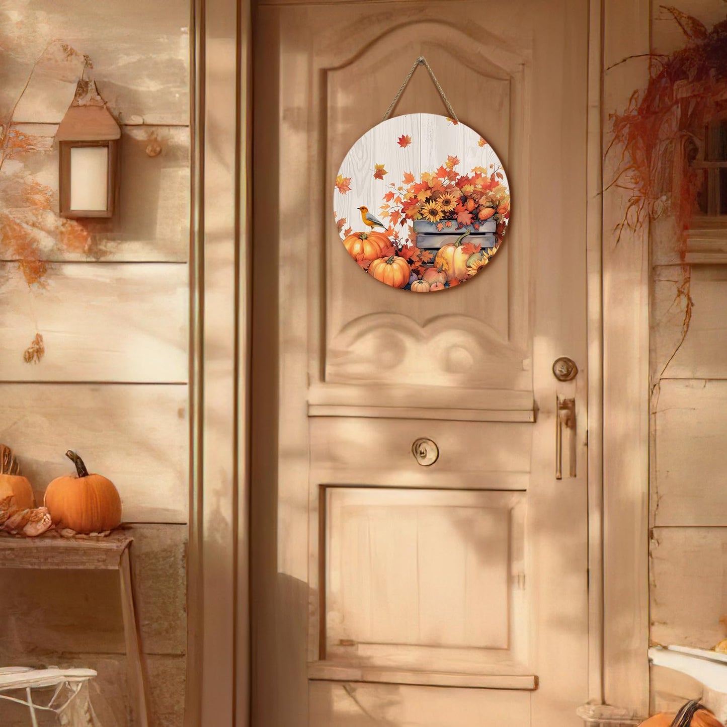 Dacawin Fall Door Sign Wooden Autumn Pumpkins Door Hanger Maple Leaf Sunflowers Bird Sign for Outdoor Porch Wall Fall Harvest Hanging Decorations