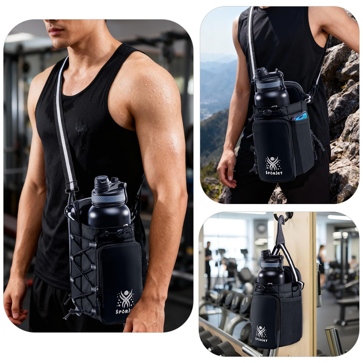 SPORJET Magnetic Gym Bag for Water Bottle – Fits Up to 46oz, Sling Water Bottle Holder with Strap & Phone Pocket, Magnetic Workout Bag for Gym, Fitness, Outdoor, Men & Women