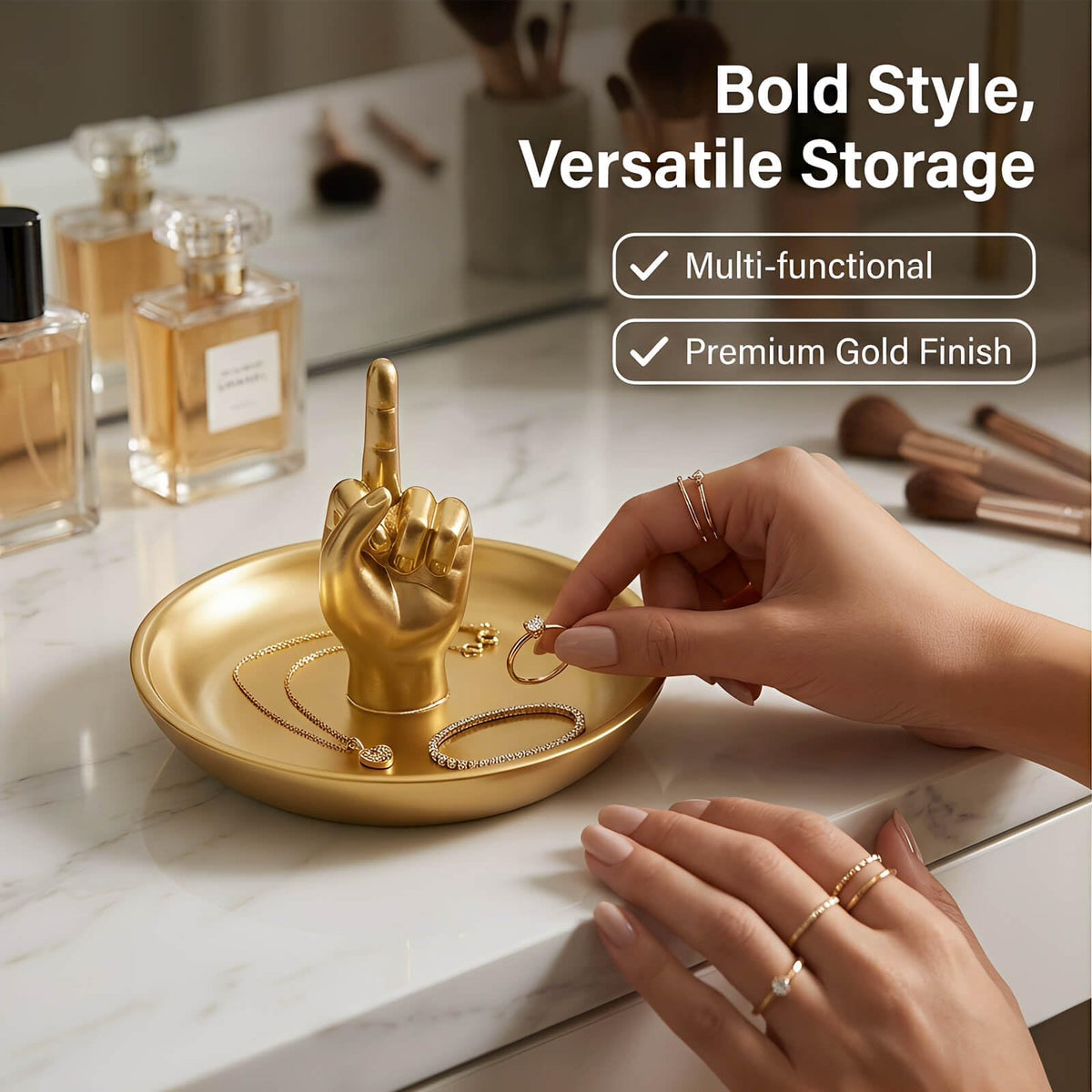 Brillantreal Hand Gesture Jewelry Display Stand - Decorative Ring Holder Tray for Vanity Organization