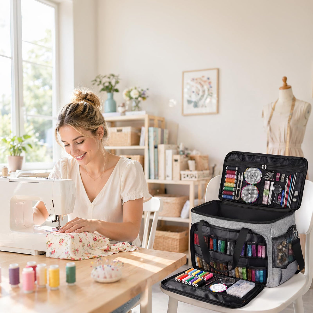 Aiseaulis Sewing Machine Carrying Case with Removable Padding Pad, Portable Sewing Machine Bag with Shoulder Strap for Most Standard Size Singer,Brother,Janome and Sewing Accessories, Grey